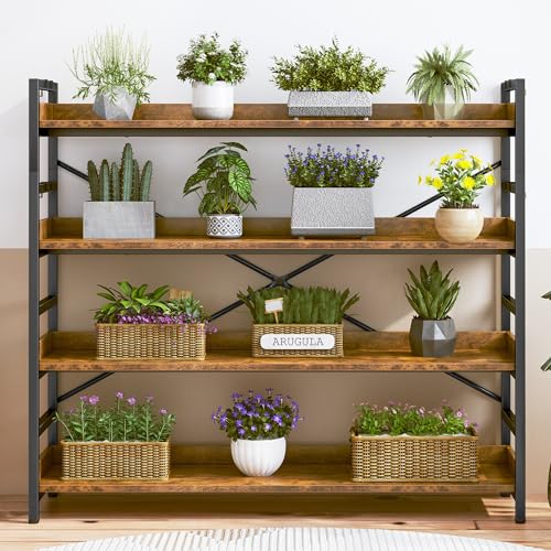 HCHQHS 4 Tier Bookshelf, Adjustable Industrial Bookcase, Vertical Tall Book Shelf, Wood and Black Metal Open Bookshelves for Home Office, Living Room, Bedroom - color: Rustic Brown, size: 4-Tier (47"W x 44"H)