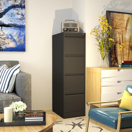 4 Drawer File Cabinet with Lock, 18" D Metal Vertical Filing Cabinets, Steel File Storage Cabinets for Home Office, Hanging A4 Legal/Letter Size Narrow File Cabinet, Assembly Required - color: Black, size: 4 Drawers