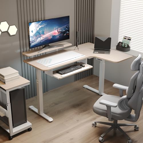 EUREKA ERGONOMIC 55 Inch L Shaped Electric Standing Desk, Height Adjustable Computer Gaming Desk with Keyboard Tray, Mouse Pad,Home Office Work,Maple Wood, Right Side - color: Maple, size: 55 inch-Right Side