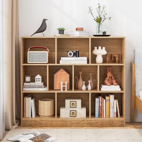 Tangkula 10-Cube Bookshelf, 47.5”L Floor Bookcase with 2 Anti-Tipping Kits, Freestanding Storage Organizer, 4-Tier Display Shelf for Home, Office & Dorms (Natural, 10-Cube) - color: Natural, size: 10-Cube