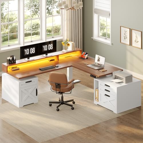 SEDETA Farmhouse L Shaped Standing Desk, 70.1" x 73.2" Height Adjustable Home Office Executive Desk with Drawers, Power Outlet, Monitor Stand, Sit Stand Table with Led Lights for Home Office, White - color: White