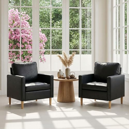 Black Leather Accent Chairs Set of 2, Mid-Century Modern, Lobby Chairs | STHOUYN Waiting Room Chairs with Arms, Club Chair, Reading, Guest, for Living Room Office Lobby - size: 2PCS