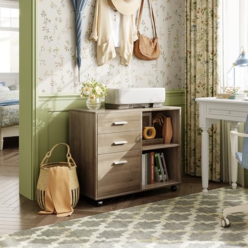 DEVAISE Wood File Cabinet, 3 Drawer Lateral Filing Cabinet, Gray Oak - color: Gray Oak