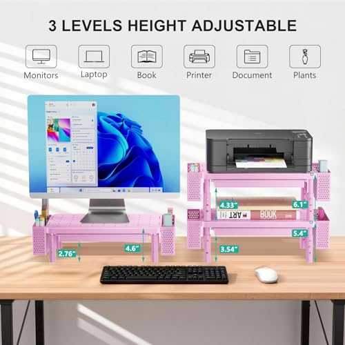 WALI Computer Monitor Stand with Storage, Desk Organizer with Drawer and Pen Holder, Desk Monitor Riser 3 Height Adjustable, Laptop Riser for Computer, Laptop, Printer (PTT003-P), 1 Pack, Pink - color: Pink, size: 14.6"L * 9.3"W,11" 1 Drawer, 2 Pen Holder