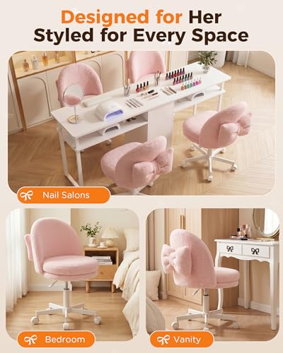 GTPLAYER Velvet Tall Office Chair with Wheels Vanity Chairs with Back, Versatile Height Use: Office to Bar Stools Small Ergonomic Comfy Armlees Computer Desk Chair with Bow Lumbar Pillow for Gift - color: Tv-pink