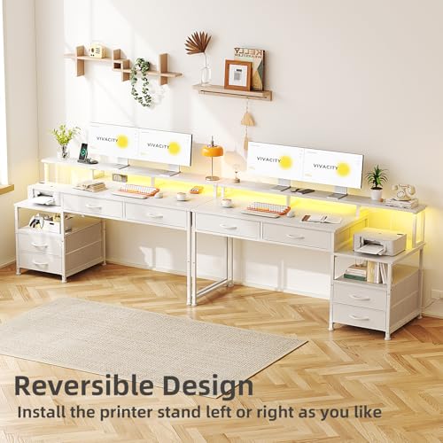 MUTUN 53" Computer Desk with 4 Drawers & Power Outlets, Reversible Home Office Desk with Monitor Stand & Printer Stand, Gaming Desk with Led Lights, Study Writing Work Desk Table for Bedroom (White) - color: White