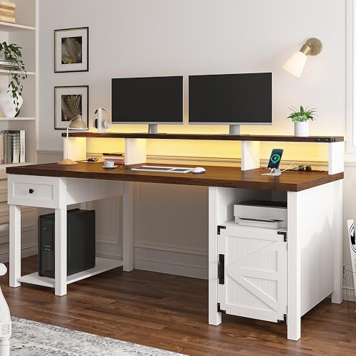 EnHomee 55" Farmhouse Writing Desk with Long Monitor Stand,Cabinet,Drawer | Sturdy Wooden Frame No Wobble,3AC+2USB for Multiple Devices,Farmhouse-style Classy Bedroom Aesthetic,White