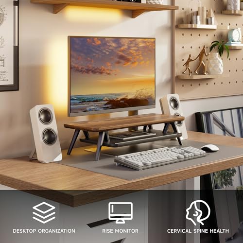 Fenge Monitor Stand Riser, Wooden Desk Shelf with 2-Tier Storage - color: Walnut, size: 23.6 Inch