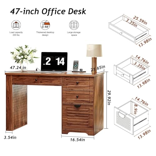 Ieejdn 47" Home Office Desks, Executive Desk, Farmhouse Computer Desk with Drawers and Charging Station, File Drawer, Storage Cabinet, Rustic Computer Writing Desk,Antique Brown - color: Brown, size: 47.24"