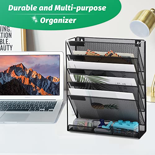 EASEPRES Desk File Organizer Mesh 6-Tier, Hanging Wall Mount Document Organization Stand, Desktop Vertical Mail Paper Folder Holder Rack with Bottom Tray for Office Home Cubicle Countertop, Black - color: Black, size: 6 Tier