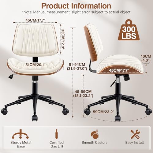 Ergonomic Armless Office Desk Chair - Mid-Century Modern White Faux Leather with Diamond Stitch, Adjustable Height Swivel Rolling Task Computer Chair with Walnut Accent for Home Office, Study & Work - color: Cream White, size: 1 Pack