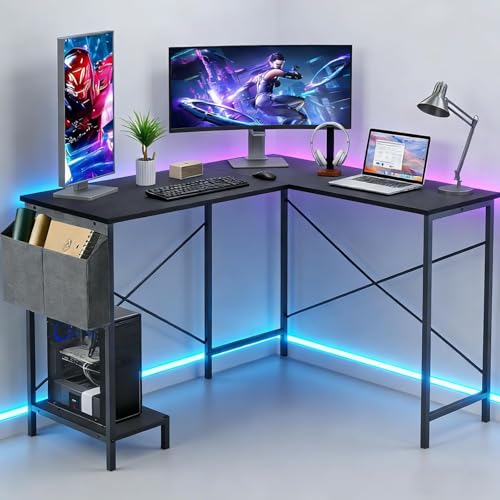 L Shaped Desk, 50 Inch Reversible Computer Desk Corner Gaming Table with CPU Stand & Storage Bag, Sturdy Metal Frame PC Workstation for Home Office, Black Wood - color: Black Wood