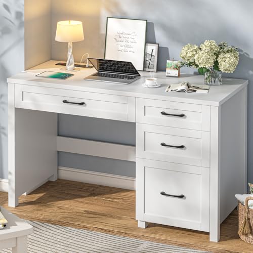 Farmhouse 47" Executive Desk, Computer Desk with File Drawer, Cream White - color: Cream White, size: Right Mounted