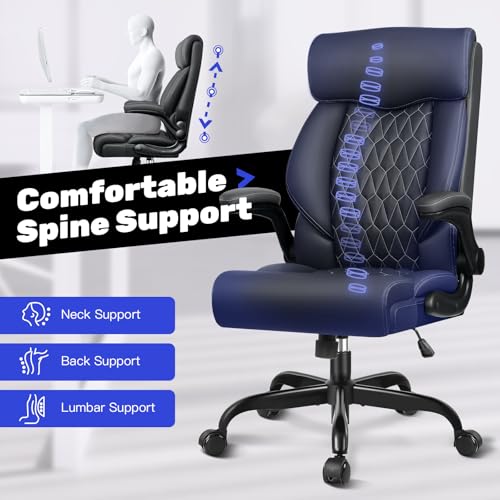 High Back Executive Office Chair - Ergonomic Computer Desk with Rocking Function, Leather Managerial with Adjustable Flip-Up Armrests and Lumbar Support - color: Black, style: Without Footrest