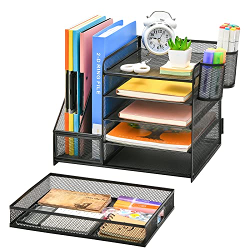 Marbrasse Desk Organizer with File Holder, 5-Tier Paper Letter Tray Organizer with Drawer and 2 Pen Holder, Mesh Desktop Organizer and Storage with Magazine Holder for Office Supplies(Black) - color: Black