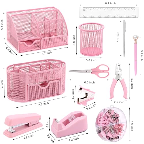 17 IN 1 Office Desk Organizer Set for Back to School Supplies Accessories - color: Pink
