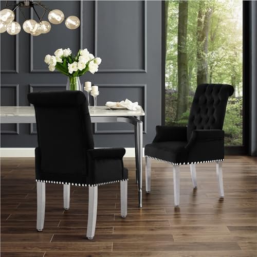 LOULENS Velvet Dining Chairs Set of 4, Dining Chairs with Arms, Black | Upholstered, High Back, Tufted, Luxurious, Stainless Steel Leg, for Kitchen & Dining Room - color: Black, size: 4 PCS