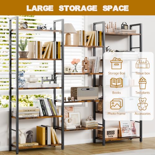 Shintenchi Large 5 Tier Bookshelf,Triple Bookcase, Tall Open Shelves - size: 5 Tier(Wide)