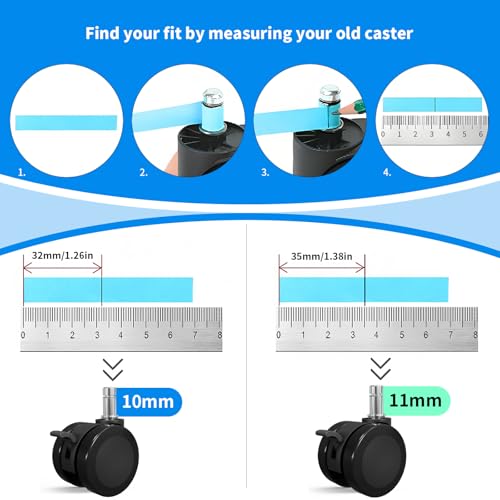 MySit 11x22mm Office Chair Caster with Brake for Hardwood Floors Set of 5 | Heavy Duty Mute PU Stool Caster Wheels Replacement Easy Installation - size: 11x22mm(Large Stem)