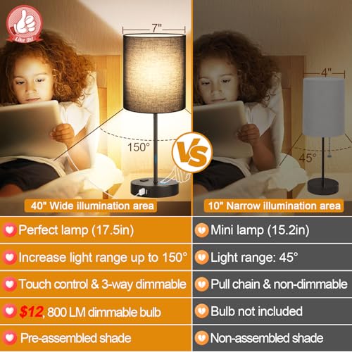 Lynnoland 2 Pack Touch Control Table Lamps with 2 USB & AC Outlet, 3-Way Dimmable Bedside Nightstand Lamps for Bedroom Living Room Nursery, 800 Lumens 3000K Warmlight Bulbs Included - color: Black & Matte Black