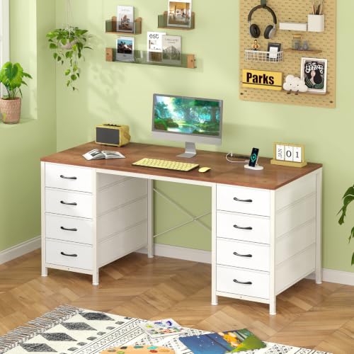 50 Inch Computer Desk with 8 Drawers for Home Office, Bedroom, Living Room - color: Brown and White, size: 18.9"D x 50.4"W x 29.3"H