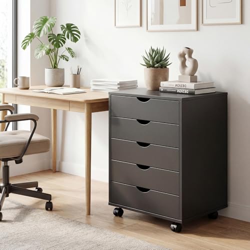 5 Drawer Mobile File Cabinet, Printer Stand with Wheels | Wood Under Desk Storage Cabinet, Rolling Printer Cart, Vertical Filing Chest for Small Space, Home Office, Living Room, Black - color: Modern Black, size: 5 Drawers