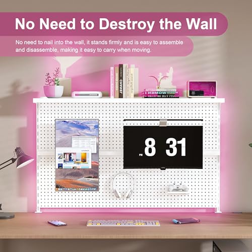 Clamp-On Metal Desk Pegboard with Dual Monitor Stand–No Drilling Needed! 59x35 Inch Steel Privacy Panel with Hooks & Movable Partition, Peg Board Wall Organizer for Gaming & Office - color: White