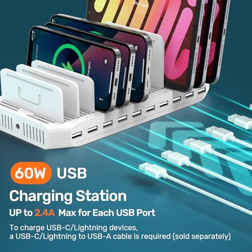 Alxum 10 Port Charging Station, Fast USB Charging Dock for Multiple Device - color: White, size: 60W-10 USB A