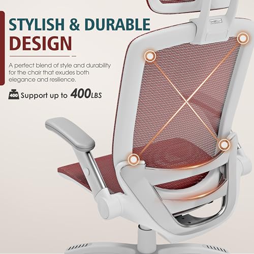 GABRYLLY Ergonomic Office Chair, High Back Home Desk Chair with 2D Flip-Up Arms, 3D Headrest, 90-120° Tilt and Wide Cushion, Big and Tall Mesh Chairs for Man Woman, Computer Task Chair Red - color: White Frame Red Mesh