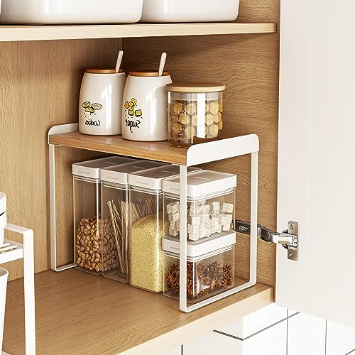 Mitus Stacking Wood Shelf Organizer, Counter Cabinet Storage Rack, 16 inch - color: White + Natural, size: 16 IN
