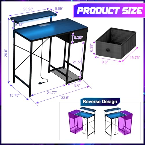 X-cosrack 33.5" Small Gaming Desk with LED Lights & Power Outlets, Compact Computer Desk with Monitor Stand & CPU Stand, Gamer Table with Storage Drawer, Side Hooks for Home Office, Bedroom, Black - color: Black, size: 33.5" with Monitor Stand