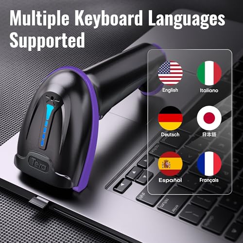 Tera Barcode Scanner with Battery Indicator: 1D Wireless, 5100 Purple | USB Wired 2.4G Wireless Reader, 2200mAh Battery, 1D Laser Scanning, IP54 Protection, Retail Checkout Warehouse Library School - color: 1D Purple