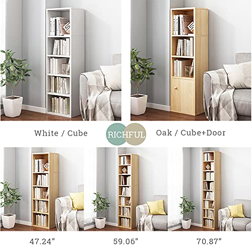 IOTXY Small Narrow Corner Bookcase - 47 Inches Tall Gap Freestanding Storage Cabinet, 5 Lattices Open Shelves Tower Rack, Cubes Bookshelf in Oak | Modern Minimalist Style, MDF Material, Adjustable Shelves, 5 Cubes Open Bookshelf, Floor Tower Rack, Space-S