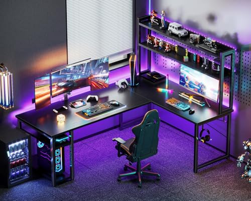 ODK L Shaped Gaming Desk with Hutch, Computer Desk with Storage Shelves, 66" L Shaped Desk for Home Office, Corner Desk with Headphone Hook, Black - size: 66 Inch