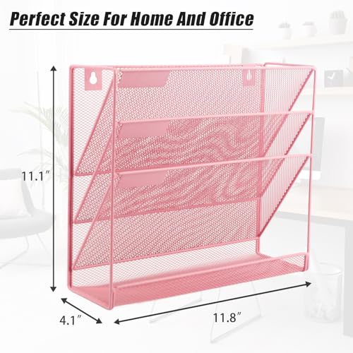 EASEPRES Desk File Organizer Mesh 4-Tier, Hanging Wall Mount Document Organization Stand, Desktop Vertical Mail Paper Folder Holder Rack with Bottom Tray for Office Home Cubicle Countertop, Pink - color: Pink, size: 4 Tier