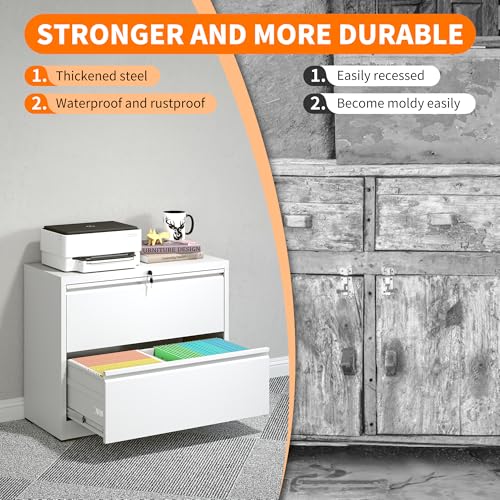 2 Drawer Lateral File Cabinet with Lock White Filing Cabinet - color: White, size: 28.5"H-2 drawers