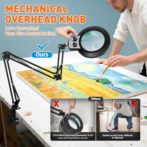 KIRKAS 12X 30X Magnifying Glass with Light and Stand, Extra-Long Arm Knob | Magnifying Lamp for Workbench Craft, Sewing, LED Lighted Magnifier Real Glass Lens Stepless Dimming and Color (35in Clamp) - size: 12X 30X 35 INCH Clamp