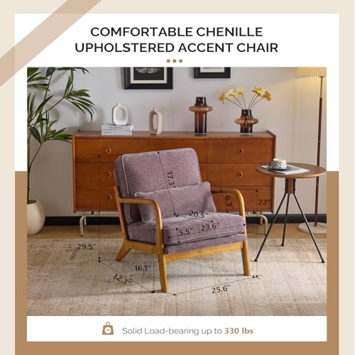 VINGLI Chenille Mid-Century Modern Accent Chair Set of 2, Cute Reading Arm Chair with Cushion & Lumbar Pillow & Solid Wood Frame for Lounge, Living Room, Reading Room, Bedroom, Light Purple - color: Light Purple