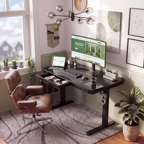 INNOVAR 32" Small Glass Standing Desk with Drawers & USB Ports, Whole-Piece Glass Top Adjustable Height Desks, Quick-Install Electric Sit-Stand Up Desk for Home Office & Computer Workstation, Black - color: Black, size: 32 inch with USB