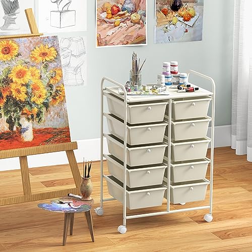Giantex 10 Drawers Rolling Cart, Classroom Organizers, Storage Cart with Wheels, for Teacher Office Home School Supplies Tool Craft Art Paper, Ivory Color - color: Ivory, size: 10 Drawers Big