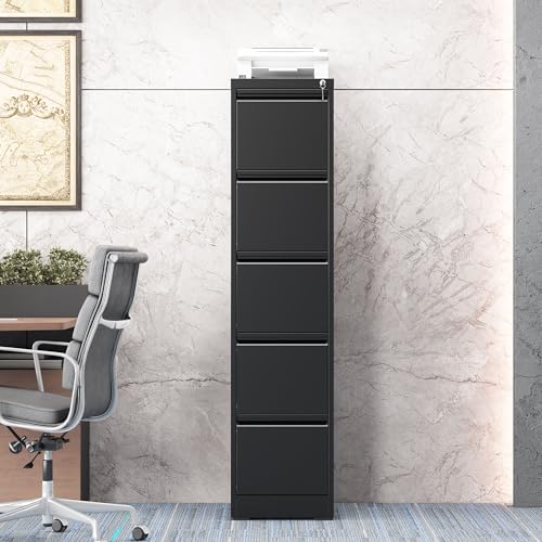 5 Drawer Vertical File Cabinet with Lock, Metal Filing Cabinets for Home Office, Heavy Duty File Storage Cabinet for Legal/Letter/A4 Documents, Easy to Assemble, Black - color: Black, size: 5-Drawer