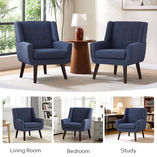 HUIMO Living Room Chairs Set of 2,Upholstered Button Linen Accent Chair | Mid Century Fabric Modern Armchair,Comfy Arm Club Sofa Chairs for Living Room Reading Bedroom,Waiting Room Dark Blue 2PCS - color: Dark Blue