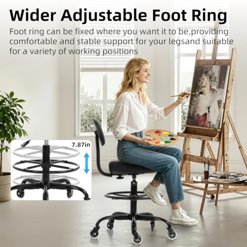 Finnhomy Drafting Chair with Footrest, Tall Office Chair with Back Support, Adjustable Seat Height (22"-30") Heavy Duty Stool with Wheels for Home Kitchen Bar Tattoo Spa Salon Desk, Black - color: Black