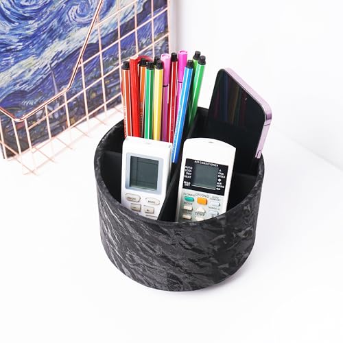 Round Leather Art Supply Organizer,Remote Control Holder,360 Degree Spinning,Multi-Functional Pencil Holder,4 Compartments Desktop Stationary Organizer(1-Hill Black) - color: 1-Hill Black