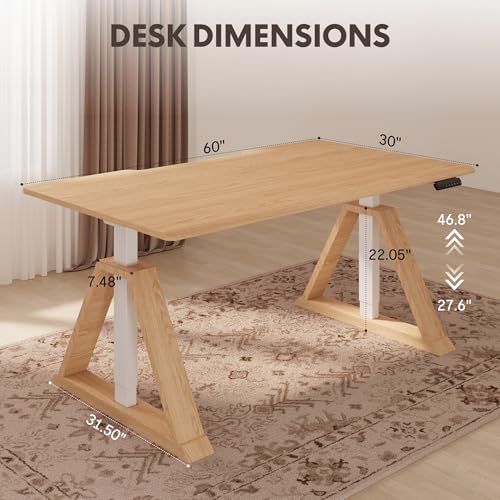 FLEXISPOT 60 x 30 Inch Oak Executive Standing Desk, Natural | Japandi-Inspired Sit-Stand Desk, Architectural V-Frame Design, Multi-Monitor Setups, Dual Motor & 220 LBS - color: Natural, size: 60"x30" Oak