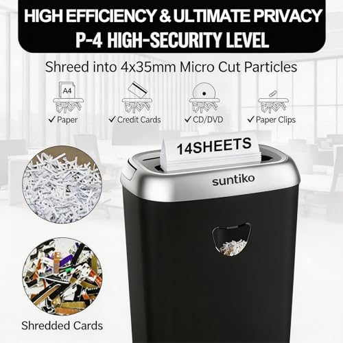 Suntiko 14 Sheet Home Office Cross Cut Shredder Black | P4 Cross Cut Shredder, Anti-Jam System, 6.6Gal Bin, ETL Certified for Documents & ID Cards