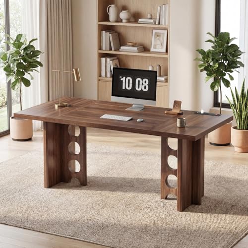 63 Inch Executive Office Desk, Large Computer Office Desks with Power Outlet, Modern Laptop Desk Writing Table Workstation Business Furniture for Home Office, Brown - size: 63 Inch Long