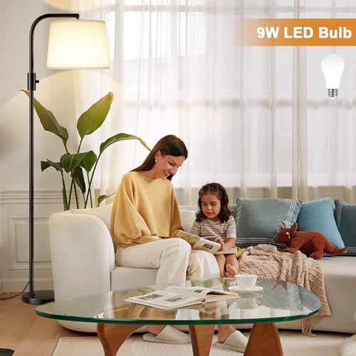 Fully Dimmable Floor Lamp with 9W LED Bulb, Standing Lamp for Living Room with Adjustable Head, Modern Tall Light with Rotary Switch for Office, Black and White - color: C:Black and Linen White