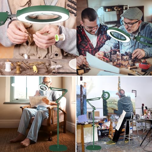 12X Real Glass Magnifying Glass with Light and Stand, LED 5 Color Modes, Stepless Dimmable Magnifying Floor Lamp, 3-in-1 Adjustable Swing Arm Lighted Magnifier Lamp with Clamp for Craft - Green - color: Green