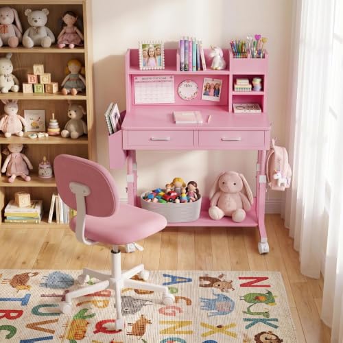 Pink Kids Desk with Hutch, 32" Height Adjustable Mobile Rolling Girls Desk - color: Pink